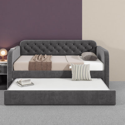 Lit de jour simple en velours avec couchette, charge USB et sans sommier tapissier, gris foncé