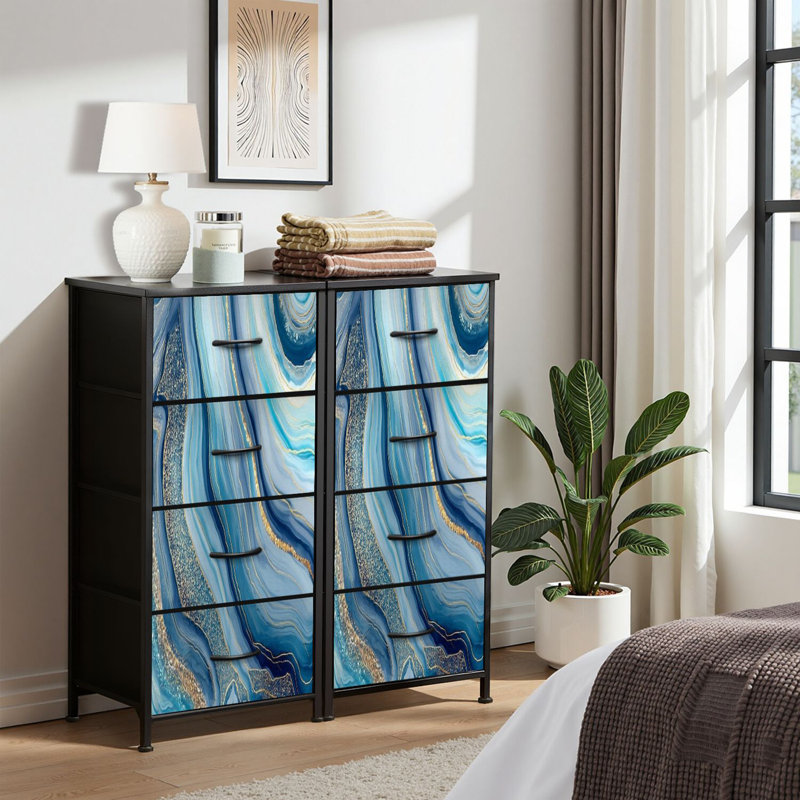 Commode pour commode de chambre à coucher pour garde-robe abstraite à texture de pierre artificielle avec agates bleues et dorées peintes Commodes et commodes de rangement en tissu avec bacs de rangement à 4 tiroirs