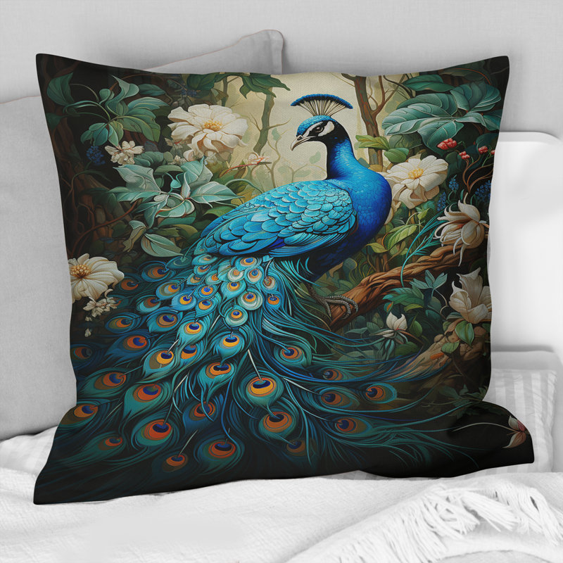 Coussin Teal Peacock - imprimé paon, 16" x 16"