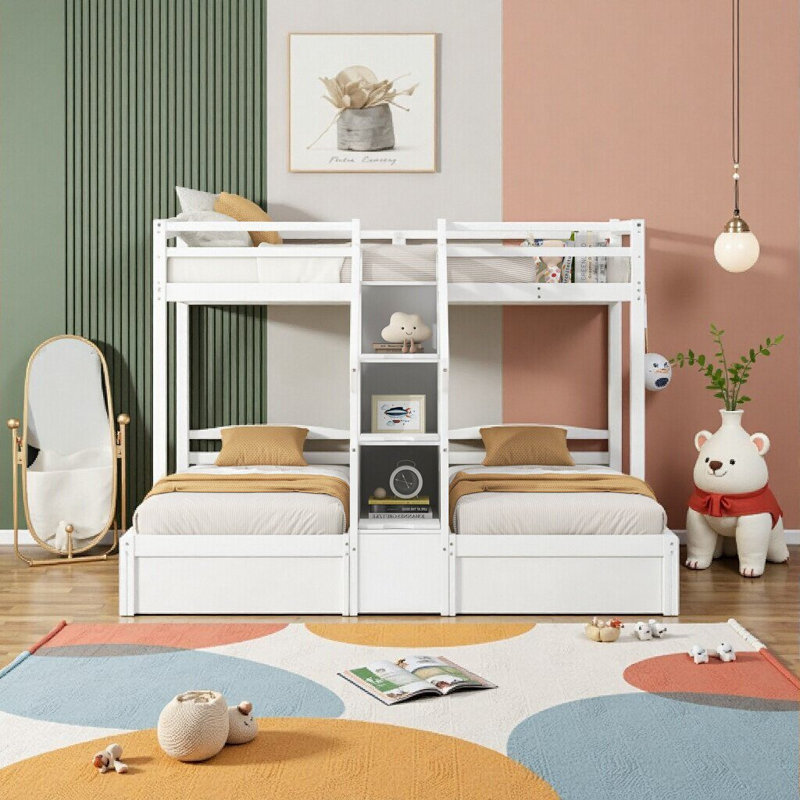 Lit superposé en pin blanc avec escalier intégré et trois tiroirs de rangement blancs, Blanc