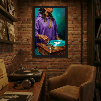 Abstract Woman In Purple Hoodie With Vinyl Record