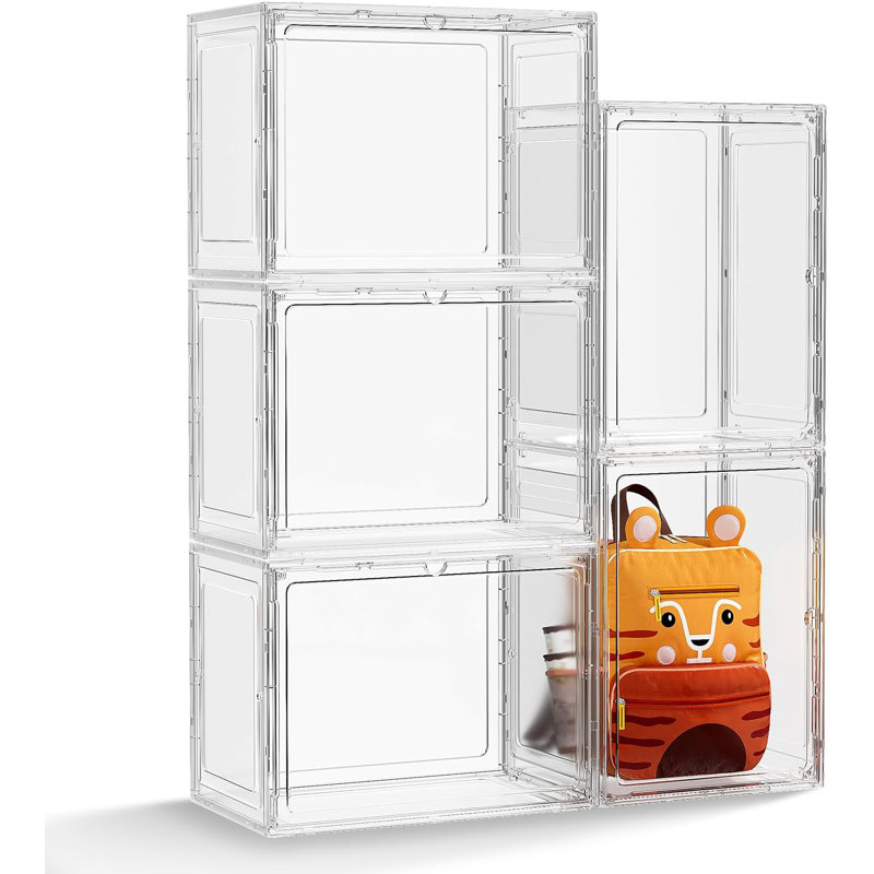 Tall Boot Storage Organizer With Magnetic Door - 5 Pack Clear Stackable Shoe Boxes For Closet, Heavy Duty Plastic Boot Holder Display Case