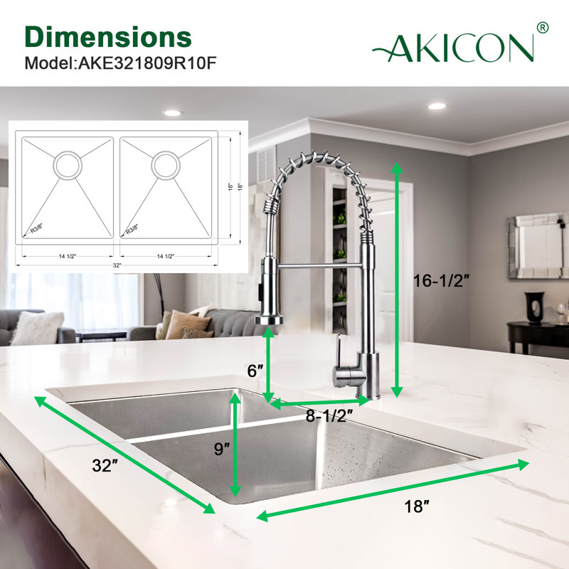 32" L Undermount 50/50 Double Bowl Kitchen Sink and Pull-down Faucet Combo with Drain Assembly with Strainer, Protective Bottom Grid, All in One