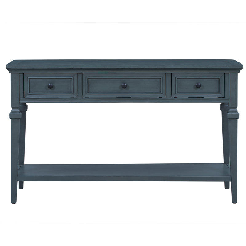 Console de style rétro classique avec trois tiroirs supérieurs et tablette inférieure ouverte, Marine