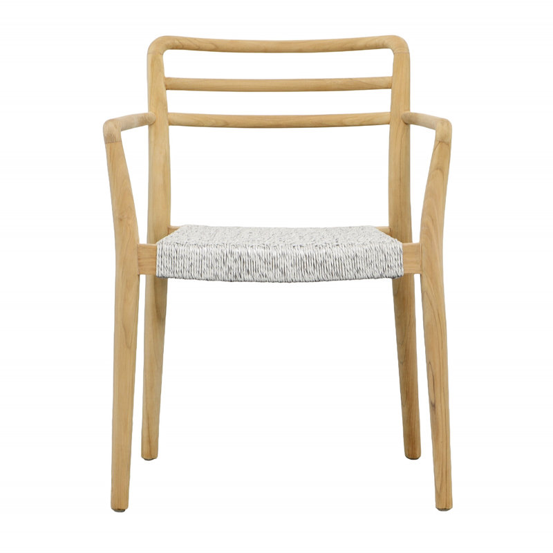 Detta Outdoor Teak Wood Upholstered Dining Chair, Natural and White
