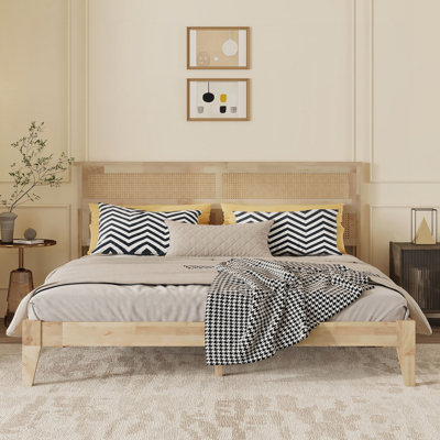 King Size Solid Wood Bed with Rattan Headboard, Rubber Wood Bed with Central Support Beams and Enhanced Feet