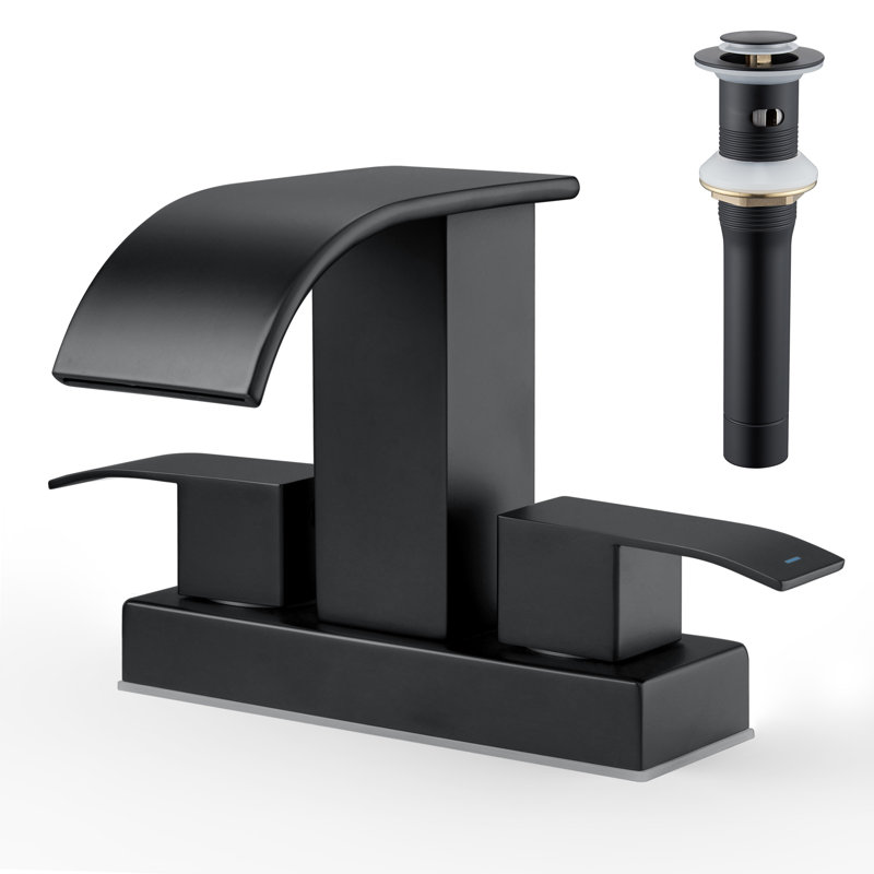 4-inch Centerset Double Handle Waterfall Bathroom Sink Faucet with Drain Kit Included, Matte Black