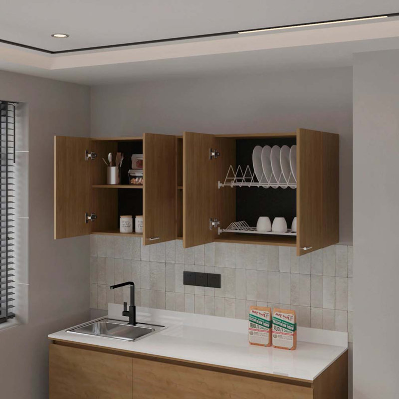 Armoire de cuisine en chêne naturel naturel en mélamine avec 4 portes et rangement ouvert
