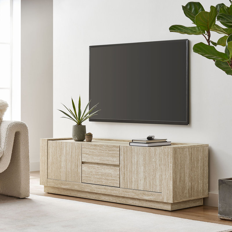 Hollis 59" Light Brown Travertine Laminate TV Stand with Cabinet