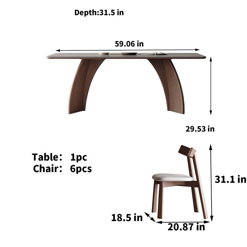Italian Solid Wood Sintered Stone Dining Table 6 - Person Double Pedestal Dining Set, 29.53"H x 59.06"L x 31.5"W