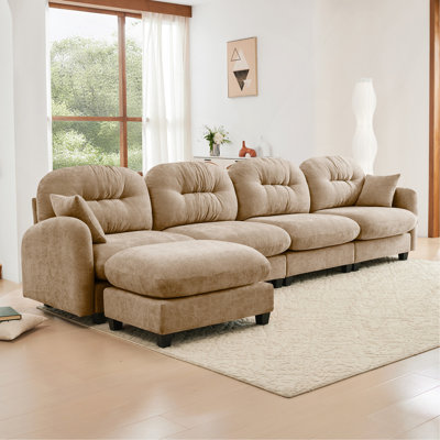 Canapé modulaire en L modulaire avec repose-pieds, tissu chenille doux, conception ergonomique, conception plissée matelassée, base en bois de haute qualité facile à installer, convient aux chambres à coucher, aux coins lecture, au chameau