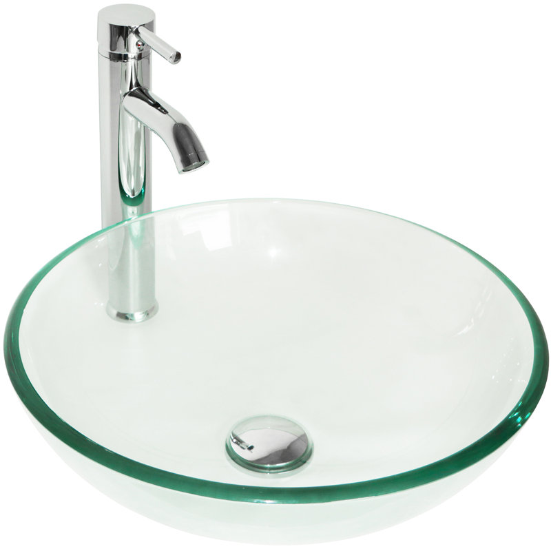 Clear Tempered Glass Round Vessel Sink with Chrome Faucet