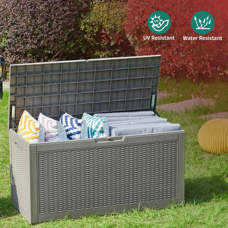 Coffre de terrasse de 100 gallons en résine résistant à l'eau et verrouillable de couleur brun clair de CG International Trading