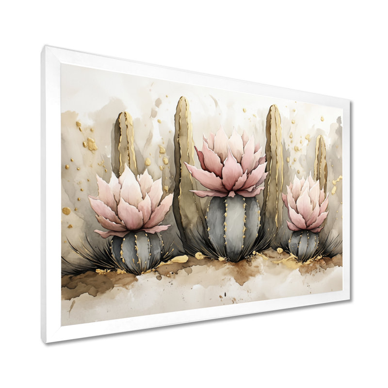 Trio de cactus Desert Bloom I - Tableau encadré vert de style sud-ouest américain, H 16 po x l 32 po, White Picture Framed
