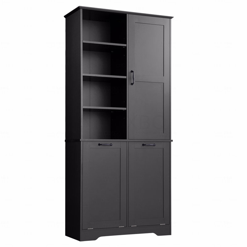 Armoire de rangement de salle de bain avec portes et tiroirs, panier à linge inclinable, plusieurs espaces de rangement, style autoportant, tablettes ouvertes, tablettes réglables