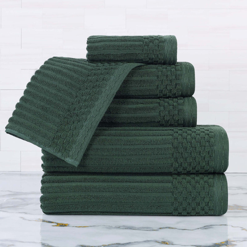 Soho Spa Highly Absorbent Cotton 6 Piece Assorted Size Checkered Border Towel Collection, Forest Green