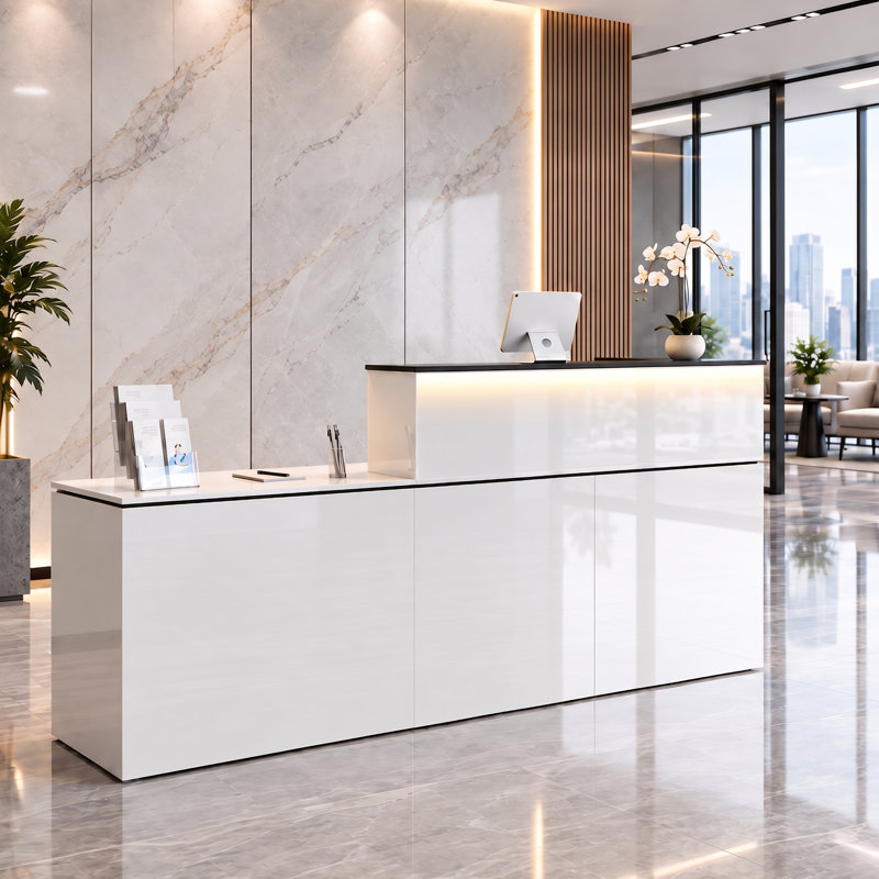 Bureau de réception moderne de 87,2 po avec éclairage DEL, tiroir verrouillable, rangement pour dossiers, prises de courant intégrées, plateau à clavier, gestion des câbles et panneau d'intimité à droite pour le bureau, le salon et la vente au détail