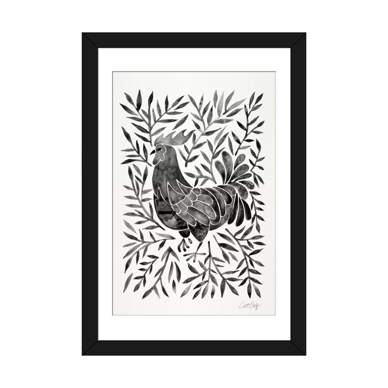 Strickler Black Rooster, H 24 po x l 16 po x P 1 po, Papier beaux-arts encadré noir, Blanc