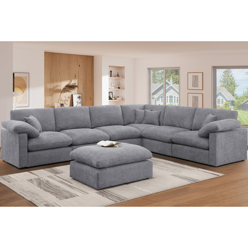 Reversible 7-Piece Corner Sectional Couch, Chenille Cloud Sofa With Removable Ottoman, Light Gray Chenille