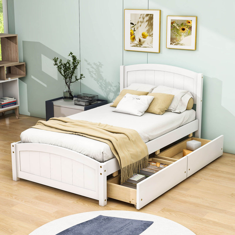 Divyansh Twin Size 2 Drawers Platform Bed with Headboard, White