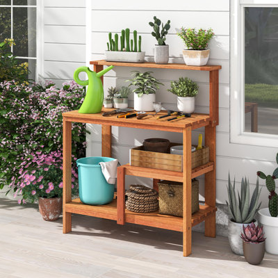  Outdoor Potting Bench Table w/Open Shelves Teak Oil Finish Gardening Workstation