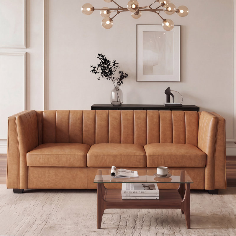 Allard 89'' Velvet Living Room Sofa, Brown Faux Leather