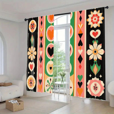 2Pcs Abstract Floral Curtains, Boho Geometric Heart Pattern Privacy Window Drapes for Living Room Bedroom Kitchen Rod Pocket, Minimalist Decor Home Aesthetic