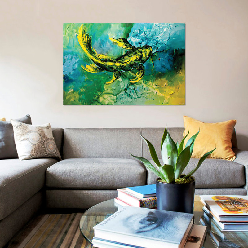 «Swiger Yellow Koi Fish», reproduction sur toile, H 26 po x l 40 po x P 1,5 po, Pas de tapis, Toile tendue