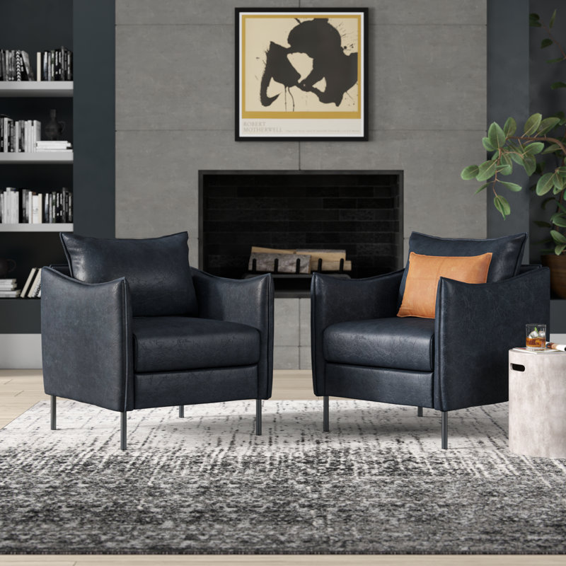 Eamor 30" W Modern Faux Leather Armchair with Unique Arms, Navy Faux Leather