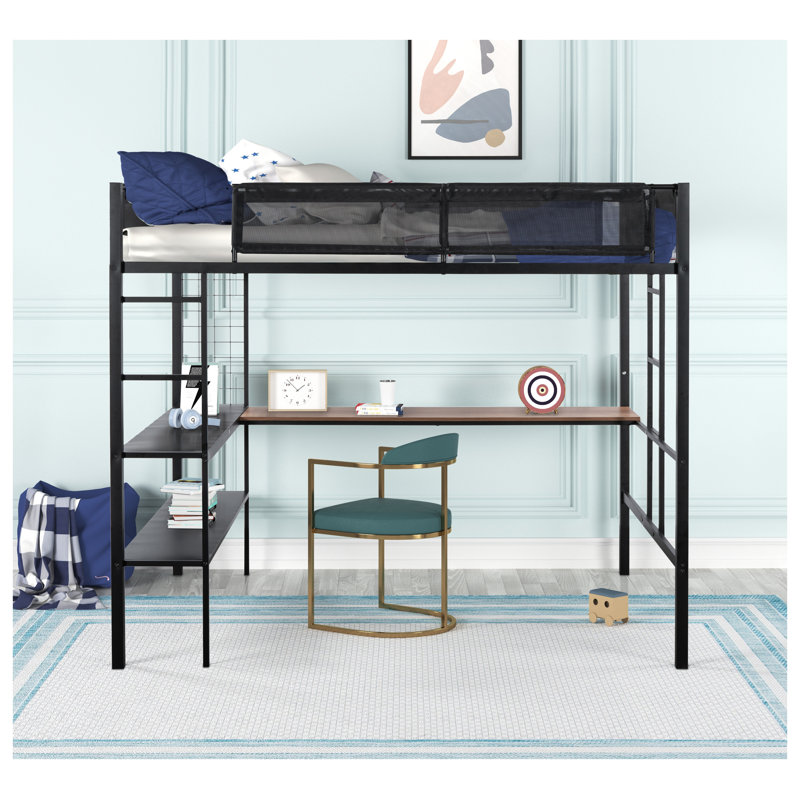 Lit mezzanine double en métal avec bureau et tablettes intégrés, structure en acier robuste, lattes en bois sans bruit, garde-corps en textilène, doubles échelles