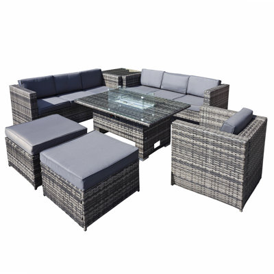 Malta Rattan 9 Seat Rising Firepit Corner Set in Grey Walnut with 2 Footstools