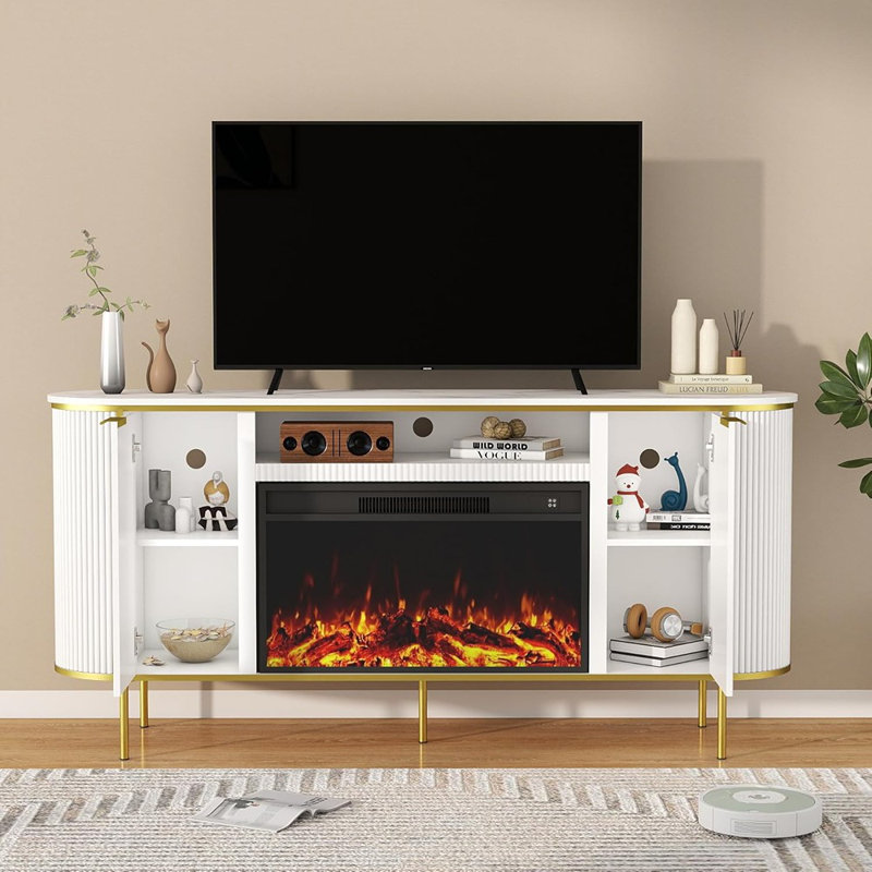 White Fireplace TV Stand – 70" Fluted Entertainment Center With 30" Electric Fireplace, Faux Marble Top Media Console For Tvs Up To 80"
