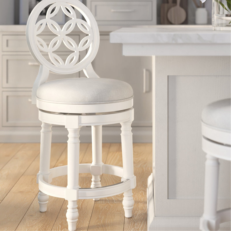 Tabouret de bar 26 po à hauteur de comptoir en bois avec finition blanche, dossier haut, siège pivotant rembourré, retour automatique à 180 degrés, pieds tournés et anneau de repose-pieds en métal, assemblage facile en quelques étapes, poids de 47,79 lb