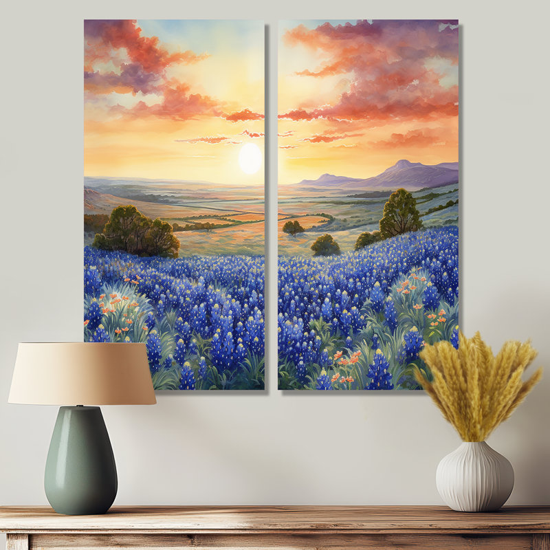 Blue Bonnets Sunset II - Blue, reproduction d'art traditionnel sur toile à 2 panneaux, H 40 po x l 40 po, Toile tendue