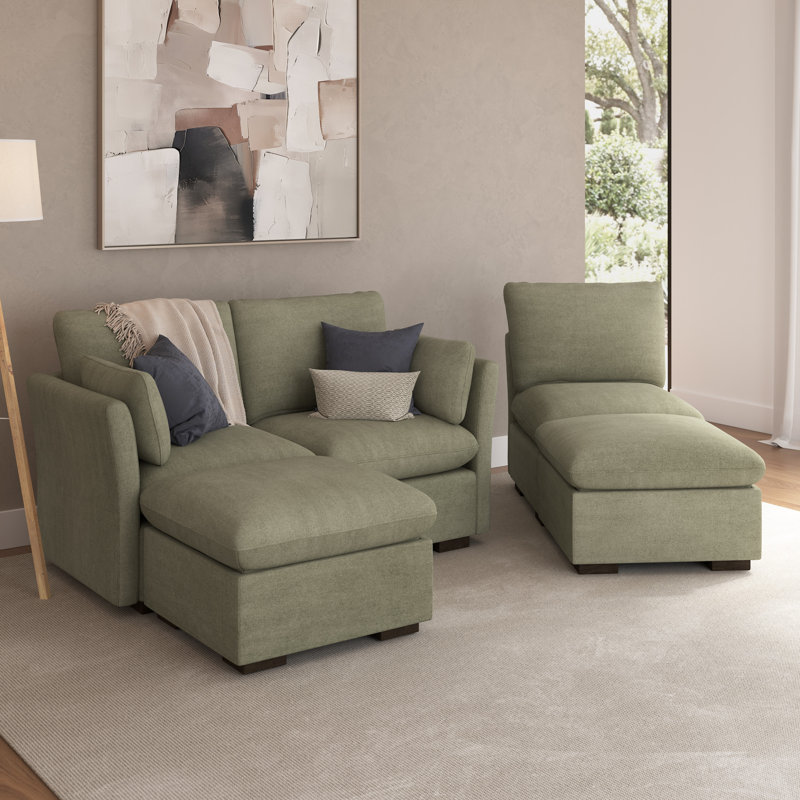 Stedman Modular 3-Seater Double Ottoman Chaise Sectional, Living Room Furniture, Soft Green Polyester