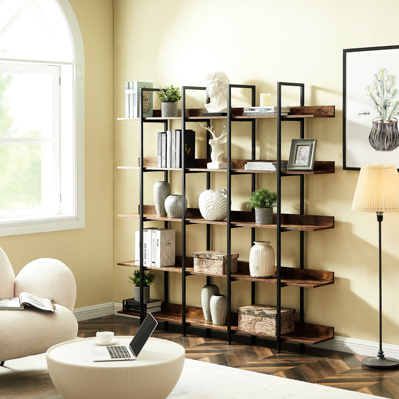 Bibliothèque à 5 niveaux de style industriel avec panneau et acier, pour le salon, capacité de 80 lb par tablette, coussinets réglables en métal, décoration de bureau, chaque tablette peut supporter 80 lb, facile à assembler