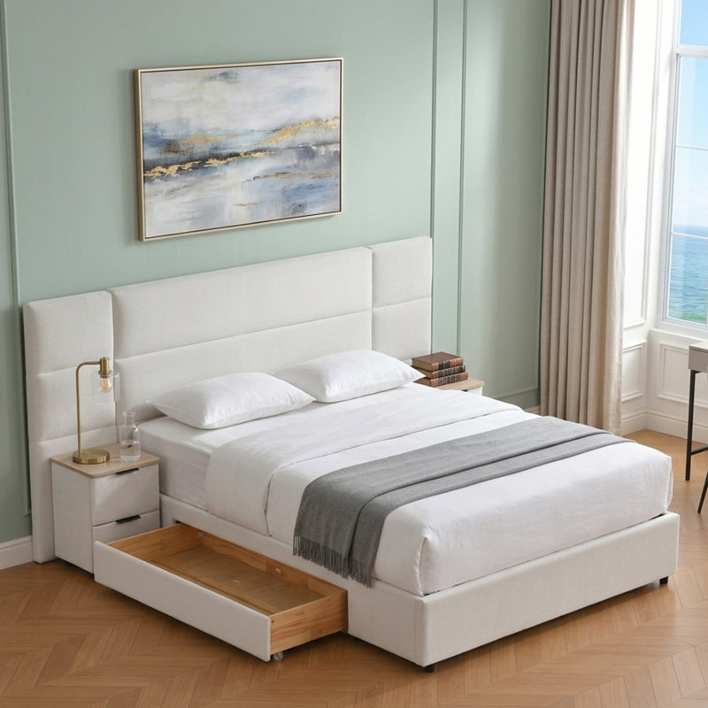 Modern Queen Velvet Upholstered Platform Bed with Tufted Headboard, 2 Storage Drawers and 2 Freestanding Nightstands, Cream