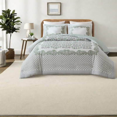 Ensemble de literie complet/queen, housse de couette réversible en mélange de coton à motif floral sauge