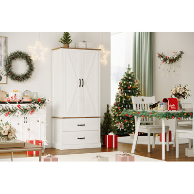 Freestanding Farmhouse Pantry Cabinet, Features Classic Barn Doors and Adjustable Interior Shelves, Includes Practical Drawers
