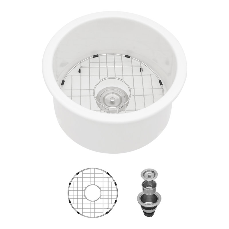 18X18x9 Inch Dual Mounted Single Bowl Porcelain Fireclay Circular Kitchen Sink With Drain Assembly And Bottom Grid
