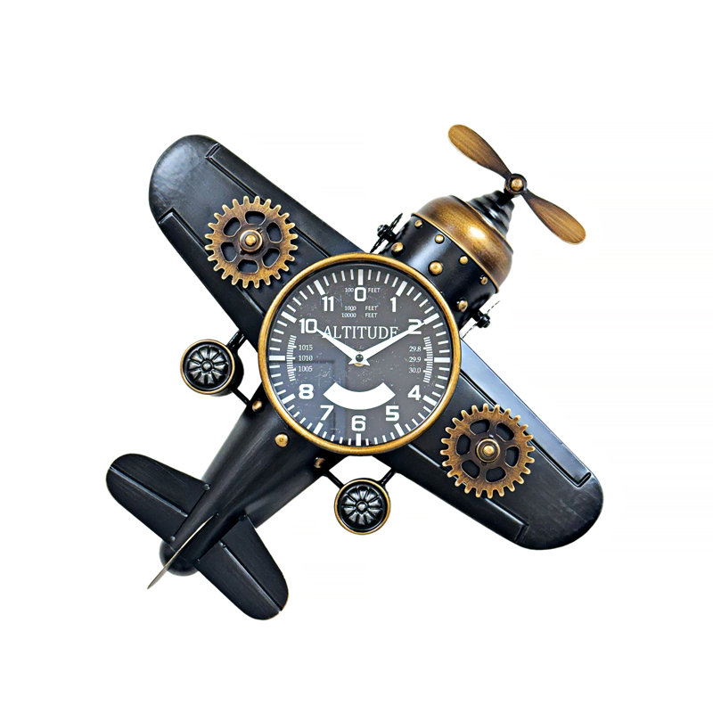 Horloge en métal de style industriel rétro, motif d'avion