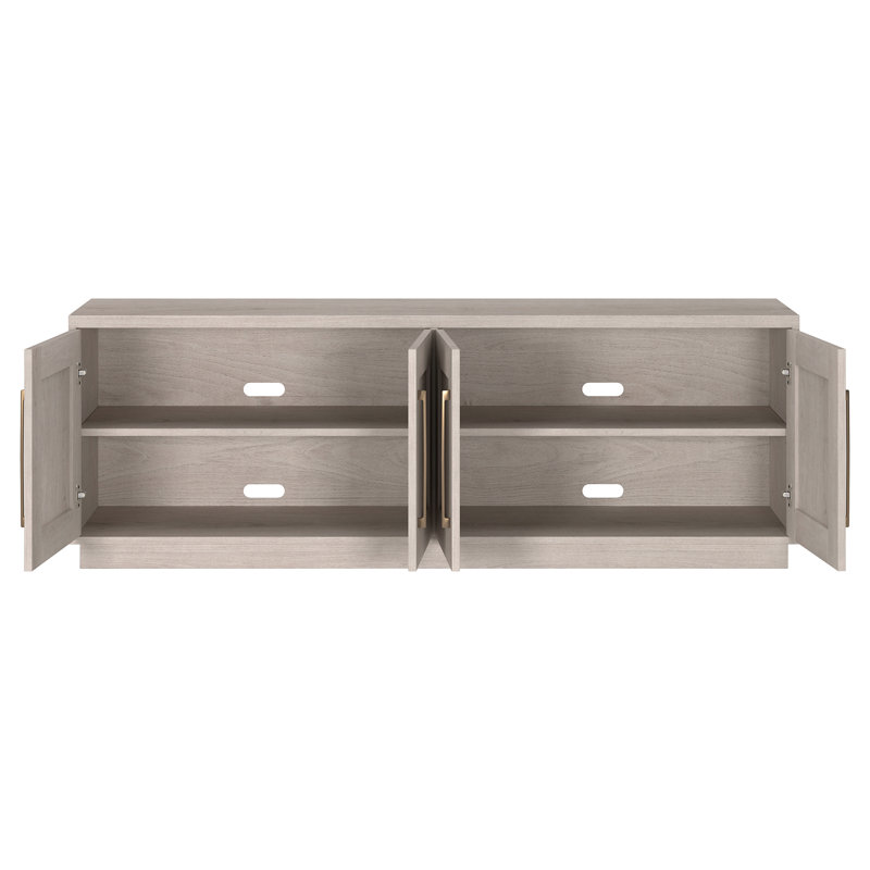 Tillman TV Stand for TVs up to 75" in Alder White with Storage, Adjustable Shelves & Cable Management — Transitional Media Console with Brass Hardware for Living Room