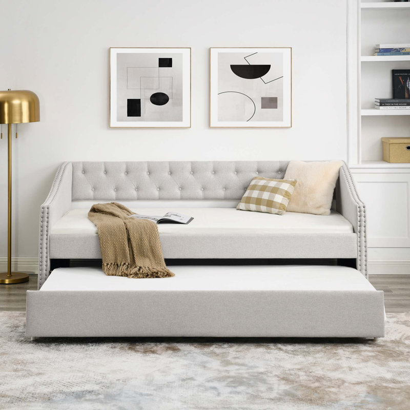 Twin Size Daybed With Twin Size Trundle Upholstered Tufted Sofa Bed, With Button On Back And Nail On Waved Shape Arms (80.5"X41"X30.5")