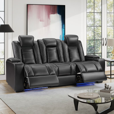 85" Wide Faux Leather Dual Motor Home Theater Power Recliner Man Cave Sofa With Cup Holders Adjustable Headrest