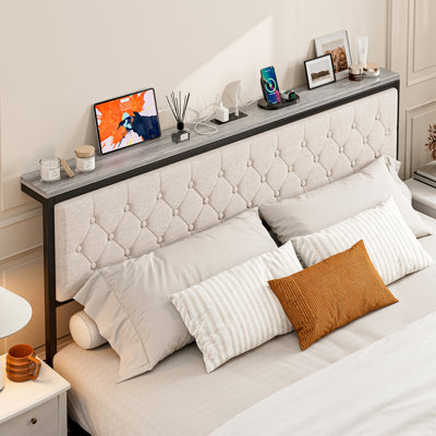 Headboard With Storage And Charging Station, Upholstered Storage Headboard Only With Bed Frame Brackets Adapter, Button Tufted Design, Easy Assembly