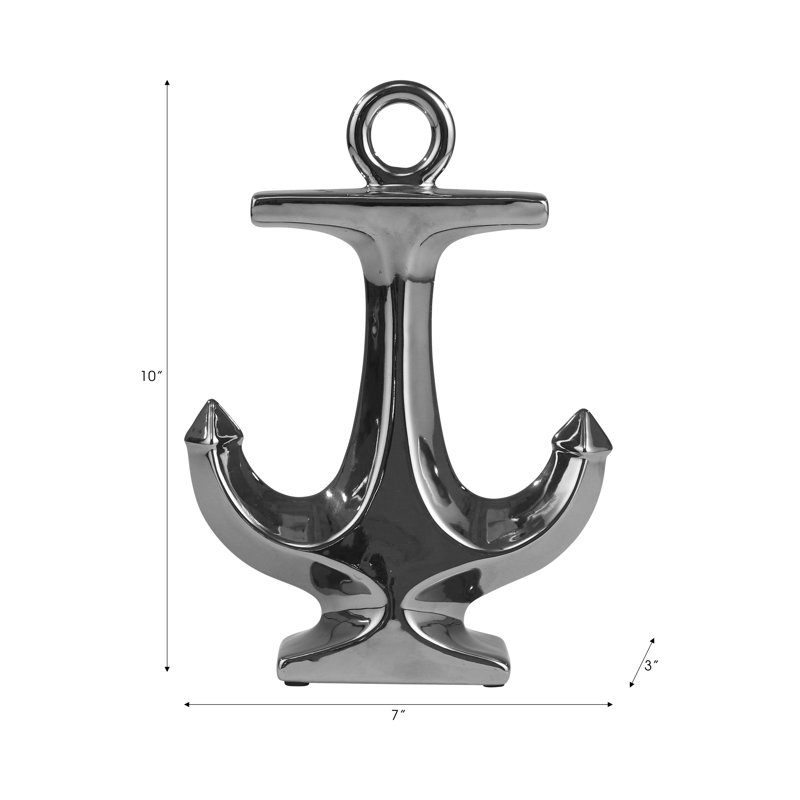Wedemeyer Stoneware Ceramic Anchor Figurine - Stylish Nautical-Themed Decorative Object with Sleek Modern Design, Silver
