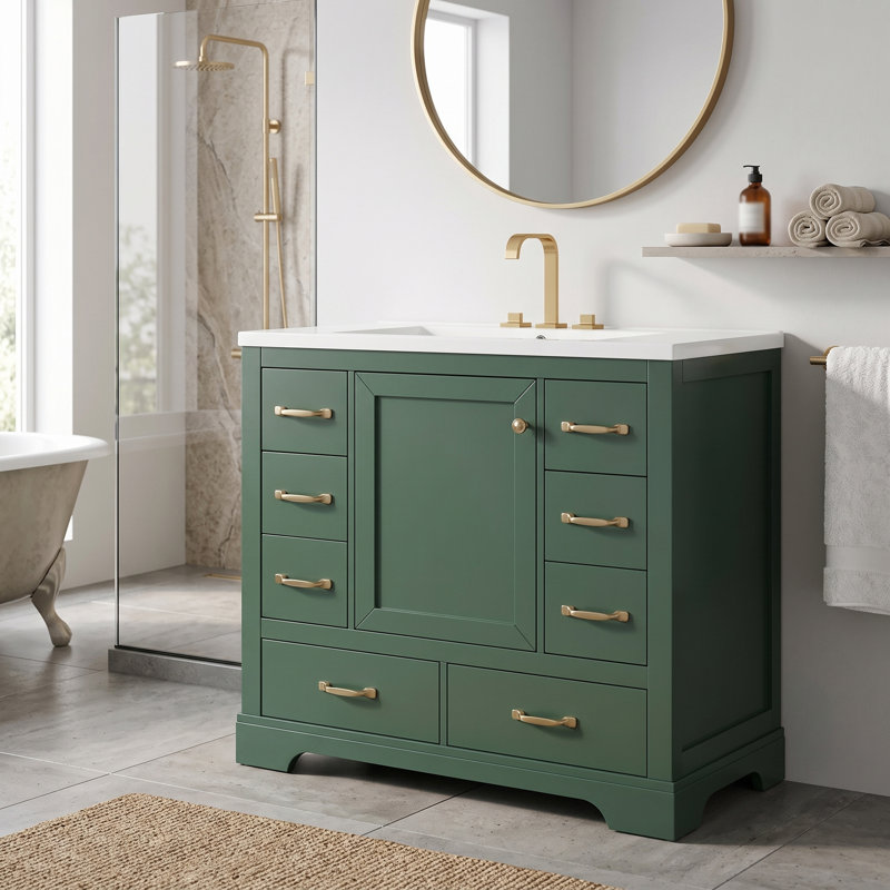 Meuble-lavabo autoportant en MDF de 91 cm (36 po) en bois massif, lavabo simple, étagère réglable, séparateur de tiroir multifonctionnel et accessoires de quincaillerie complets