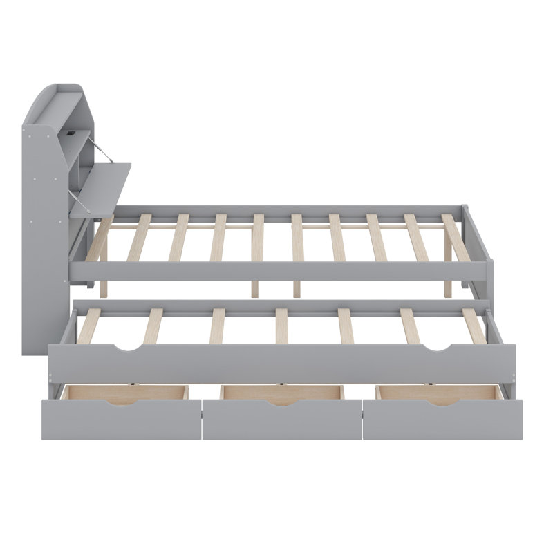 Structure de lit plateforme avec lit gigogne et 3 tiroirs, tête de lit à DEL avec rangement, Gris