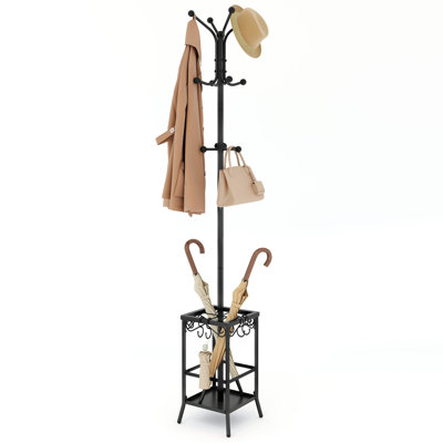 Freestanding Metal Coat Rack With 12 Hooks And Umbrella Holder