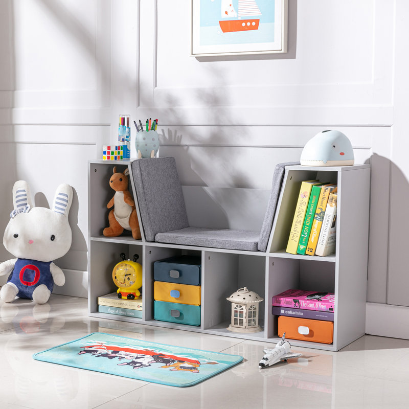 Bibliothèque pour 6 enfants avec coin lecture et coussin, rangement polyvalent pour chambre et salon, gris, Gris